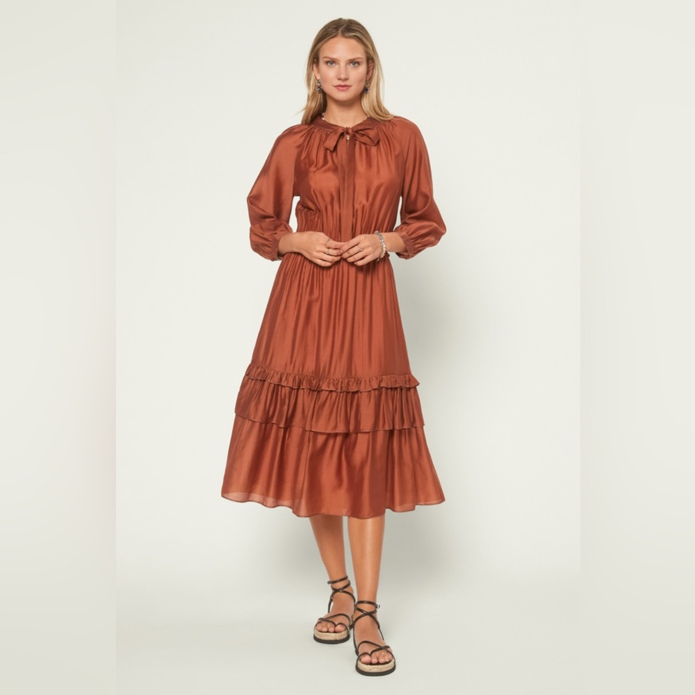 Cognac Ruffle Trim Midi Dress